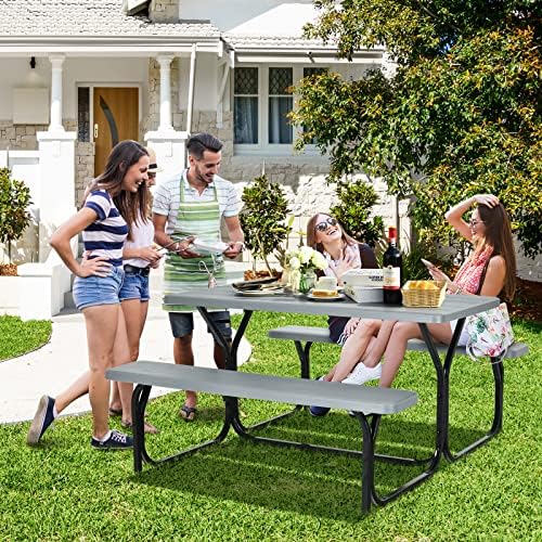 ORALNER Picnic Table, Resin Dining Table & 2 Benches Set, Weather Resistant Wood Grain Plastic Tabletop & Steel Frame, Picnic Tables for Outdoors, Porch Yard Patio Lawn Party Camping (Grey) - Image 5