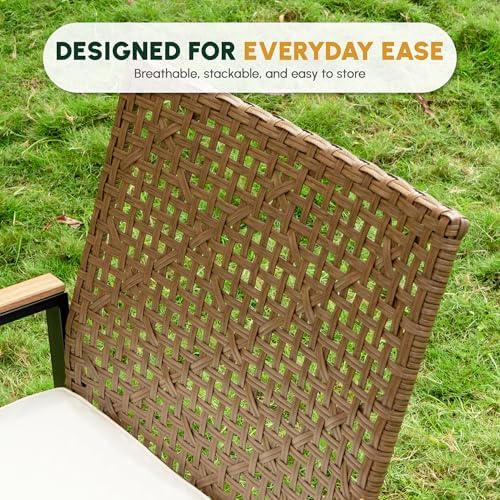 5-Piece Patio Dining Set for 4, Outdoor Dining Set with 4 Wicker Patio Dining Chairs with Cushions & Acacia Wood Square Dining Table with 1.75" Market Umbrella Hole, Yellow & White - Image 4