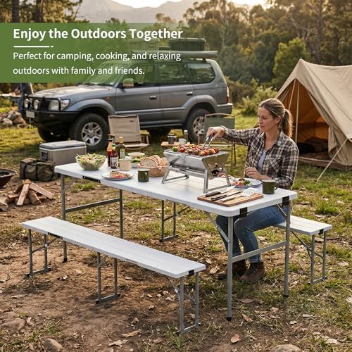 Picnic Table Set with 2 Benches,6 Feet Folding Camping Table Chair Set with Wood Grain Tabletop,3-Piece Outdoor Indoor Portable Folding Furniture for Party, Camping, Picnic, Weddings (White) - Image 6