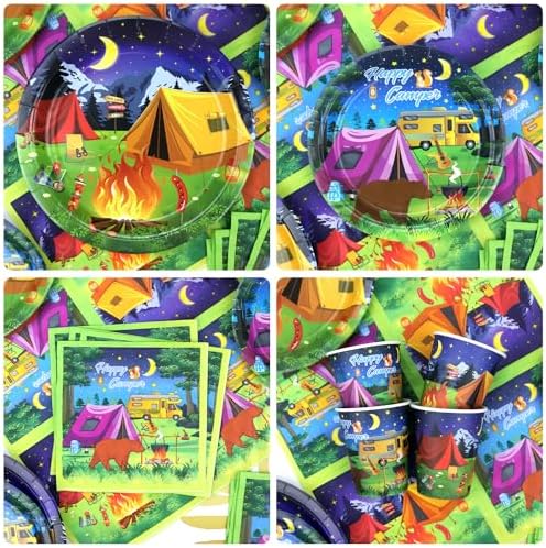 Camping Party Supplies - Camping Party Tableware - Dinner Plates Desserts Plates Cups Napkins Tablecover Straws for Boy Camper Campfire Forest Picnic Adventure Party Supplies, Serves 20 (20) - Image 4