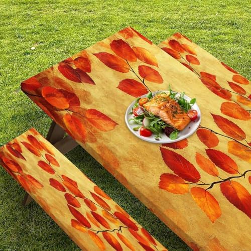 CAPSCEOLL Picnic Table Cover with Bench Covers 6ft - Burnt Orange Leaves - Image 5