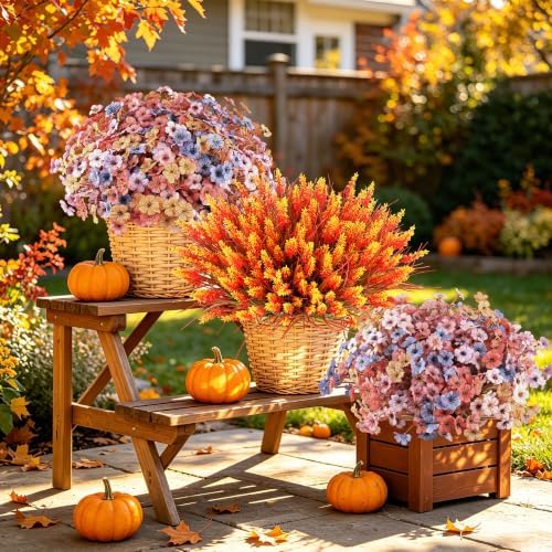 24 Bundles Fall Artificial Flowers for Outdoors Decors, Faux Mums Plants Fake Silk Flora, UV Resistant Realistic Faux Plants Greenery for Outside Farmhouse Porch Patio Window Box Planter Fall Decor - Image 6