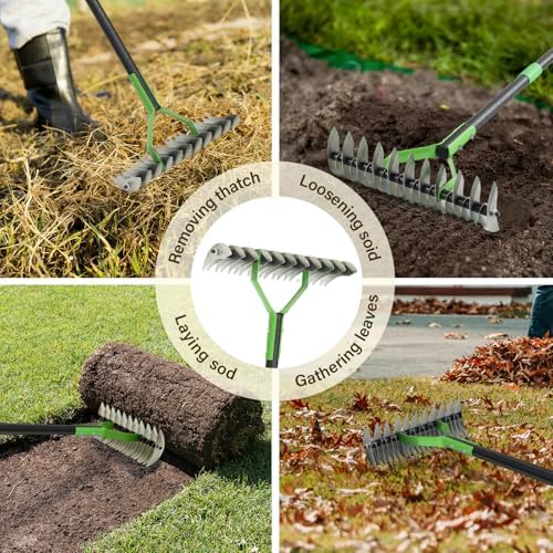 Thatch Rake, 13" Wide Efficient Dethatcher Rake with 55" Adjustable Long Handle, Heavy Duty Steel Metal Dethatching Rakes for Cleaning Dead Grass, Loosening Soil, Lawn Care in Yard Garden - Image 6
