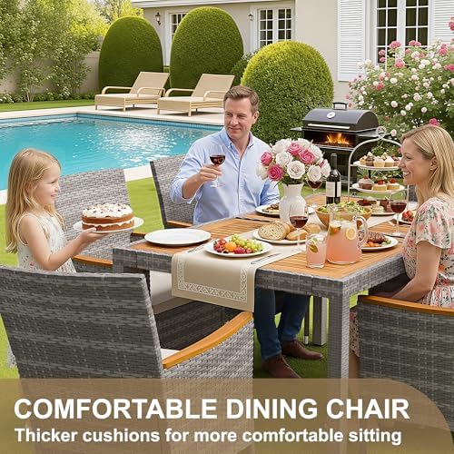 Devoko 7 PCS Acacia Wood Patio Dining Set, Gray Rattan - Image 4