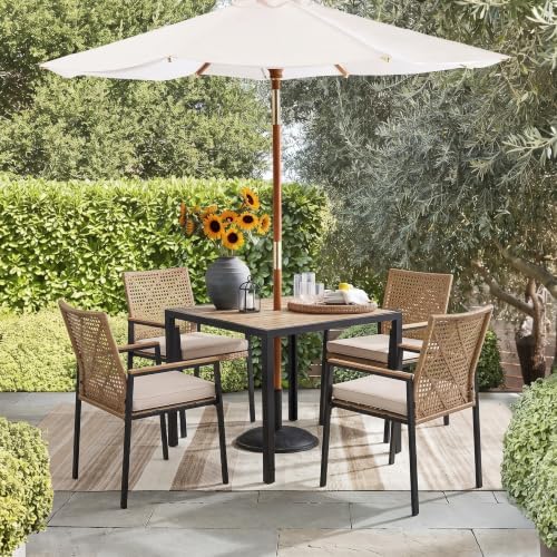 5-Piece Patio Dining Set for 4, Outdoor Dining Set with 4 Wicker Patio Dining Chairs with Cushions & Acacia Wood Square Dining Table with 1.75" Market Umbrella Hole, Yellow & White - Image 2