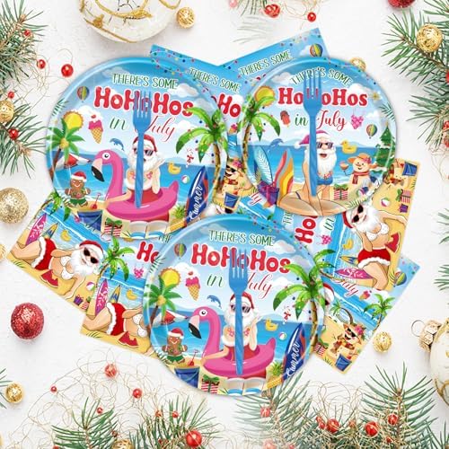 Gameza July Christmas Party Decorations Tableware, 96PCS There's Some Hohoho's in July Disposable Paper Plates and Napkins Decoration, Summer Xmas Beach Forks Decor Supplies Serves 24 - Image 6