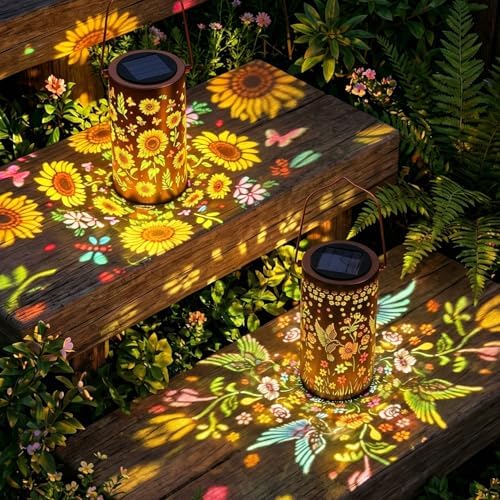 2 Pack Colorful Solar Lanterns Outdoor Waterproof, Garden Decor Gifts for Women Mom Grandma - LED Sunflower and Hummingbird Solar Powered Lights Metal Hanging Lantern for Outside Garden Patio Yard by PASUTO