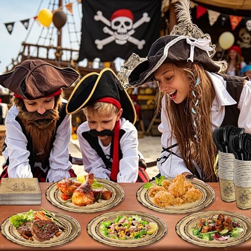 144 Pcs Pirate Tableware Set for 24 Guests, Heavy-Duty 7" & 9" Paper Plates, Cups, 2-Ply 13" Napkins & Plastic Forks, Disposable Treasure Map Theme Party Supplies - Image 5