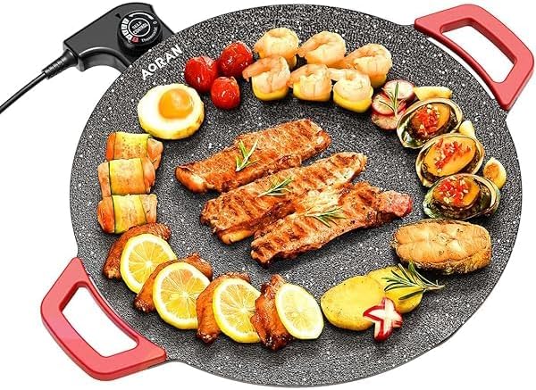 Electric Smokeless Grill, Non-Stick BBQ Griddle with Temperature Control, Round Cooking Surface with Red Handles, Indoor Barbecue Pan for Meat and Seafood (14) - Image 2