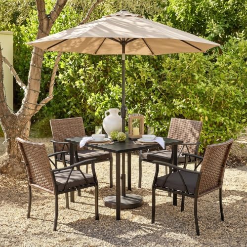 5-Piece Patio Dining Set for 4, Outdoor Dining Set with 4 Wicker Patio Dining Chairs with Cushions & 1 Black Square Woodgrain Dining Table with 1.75" Market Umbrella Hole, Black & Brown by Andehomy