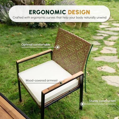 5-Piece Patio Dining Set for 4, Outdoor Dining Set with 4 Wicker Patio Dining Chairs with Cushions & Acacia Wood Square Dining Table with 1.75" Market Umbrella Hole, Yellow & White - Image 5
