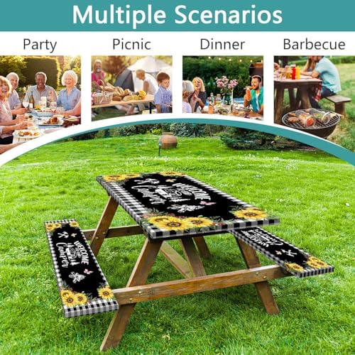 Sunflower Plaid Picnic Table Cover with Bench Covers and Bag, Camping Essentials, Checkered Floral Waterproof Windproof, Fitted Tablecloth Cover with Elastic Edge, Garden & Outdoor, 3 PCS, 30x60 Inch - Image 3
