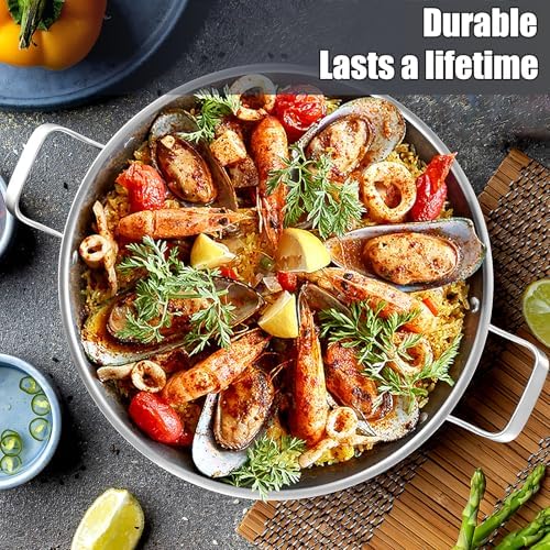 DELARLO 10 Inch Tri-Ply Stainless Steel Paella Pan with Lid, Large Induction Skillet & Jumbo Frying Pan, Heavy Duty Cookware for Paella Parties, Indoor & Outdoor Use - Image 5
