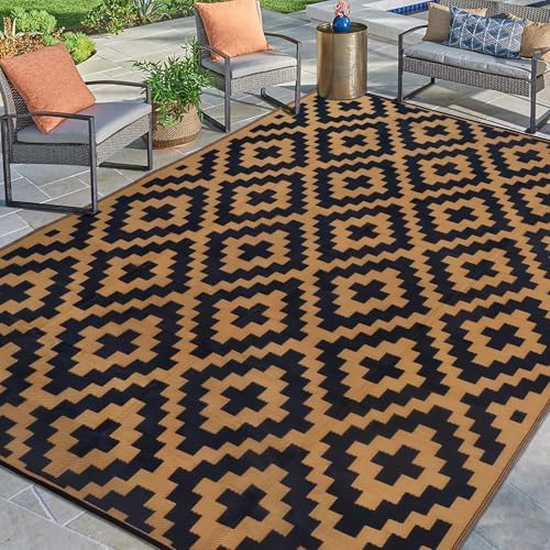 SAND MINE Reversible Mats, Plastic Straw Rug, Modern Area Rug, Large Floor Mat and Rug for Outdoors, RV, Patio, Backyard, Deck, Picnic, Beach, Trailer, Camping, Black & Brown, 9' x 12' by SANDMIND