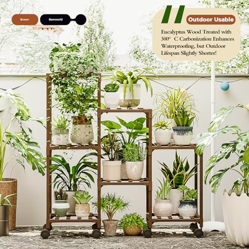 Bamworld Plant Stand with Wheels for Indoor Plants Wood Outdoor Tiered Shelf 3 Tire 7 Potted Ladder Plant Holder Table Pot Stand for Window Garden Balcony Patio Living Room (natureDL) - Image 4