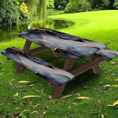 CAPSCEOLL Fitted Picnic Table Cover with Bench Covers 8ft - Elastic Scratch-Resistant Waterproof - Black Blue Marble Camping Tablecloth with Drawstring Bag for RV Essentials Pet Lovers (96in, 3 PCS) - Image 6