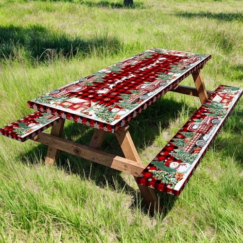 Christmas Picnic Table Cover with Bench Covers and Bag, Camping Essentials, Red Plaid Xmas Waterproof Windproof, Fitted Tablecloth Cover with Elastic Edge, for Indoor & Outdoor, 3 PCS, 30x72 Inch - Image 2