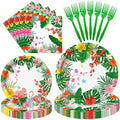 96 Pieces Hawaiian Luau Party Tableware Set – Tropical Flamingo Disposable Plates, Napkins and Forks with Hibiscus Floral Design for Summer Birthday, Pool Party, Beach Party and Aloha Party Supplies by Herytem