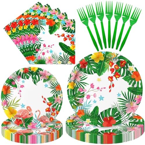 96 Pieces Hawaiian Luau Party Tableware Set – Tropical Flamingo Disposable Plates, Napkins and Forks with Hibiscus Floral Design for Summer Birthday, Pool Party, Beach Party and Aloha Party Supplies by Herytem