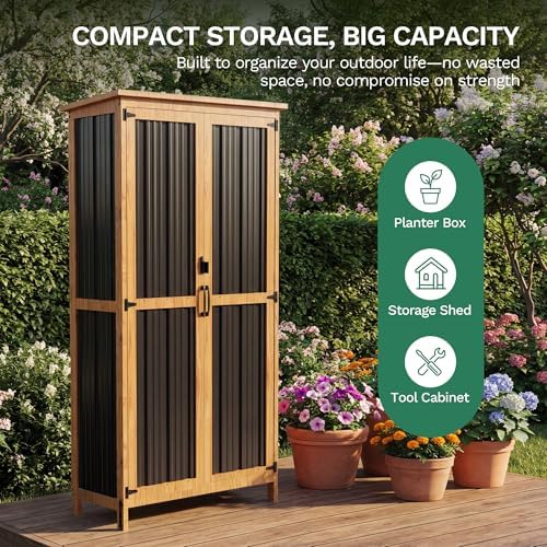 Devoko Metal & Wood Weatherproof Garden Storage Tall Shed with 3 Adjustable Shelves, Lockable Outdoor Patio Cabinet, Waterproof Yard Organizer for Lawn Gear and Garden Tools, Black - Image 5