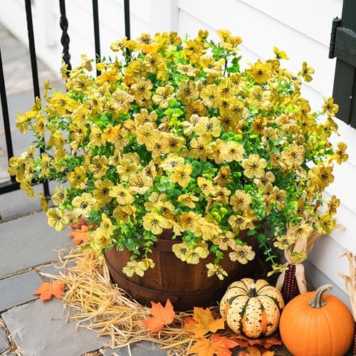 Daisy Artificial Flowers for Outdoors Decor, 12 Bundles Faux Daisy with Eucalyptus Fake Plants Greenery UV Resistant Look Real Colorful Faux Flowers for Outside Planter Porch Patio Gardens, Yellow - Image 3