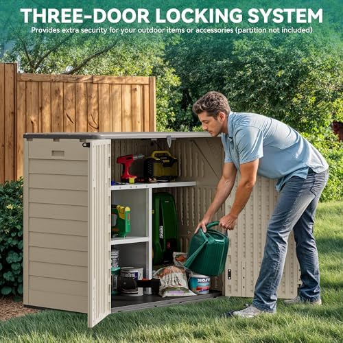 YITAHOME 30 cuft Outdoor Storage Shed w/o Shelf, Horizontal Storage Cabinet for Garden Tool, Waterproof Storage Shed Plastic for Garage, Resin Pool Storage, Easy to Assemble, Khaki & Brown - Image 6
