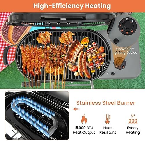 Giantex Portable Propane Gas Grill with 15,000 BTUs Burner, Side Table, 2 Wheels, Grease Tray, Metal Frame, Folding Stand-Up Propane Gas Grill for Outdoor Cooking Camping Barbecue (Black) - Image 2