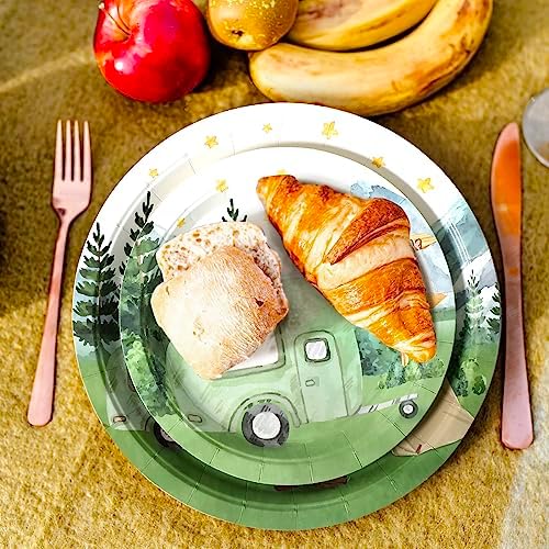 Nefelibata 50 pcs One Happy Camper Disposable Paper Plates with Sage Green Camp Van Camping Birthday Favors Bachelorette Happy Camper for Boys Girls Outdoor Party Table Food Tray - Image 5