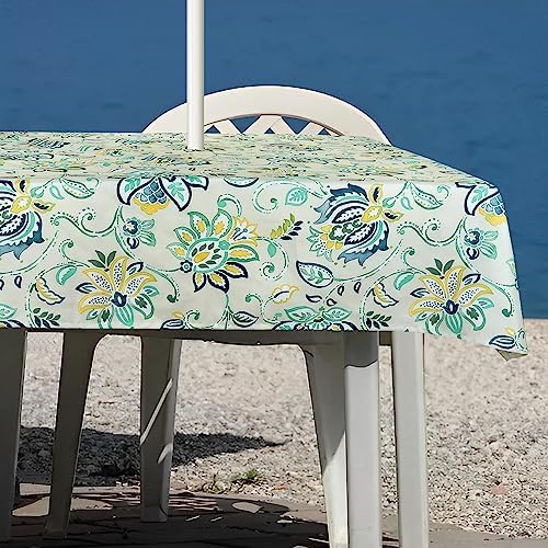 ColorBird Outdoor Rectangle Tablecloth, 60×84 inch Patio Rectangle Tablecloth with Umbrella Hole Blue Bosemia Flower Plastic Table Cloth for Patio Garden Tabletop - Image 6