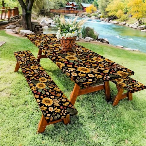Picnic Table Cover with Bench Covers, Camping Essentials, Sunflower Flower Leaves Waterproof Windproof Patio Table Cover, Fitted Tablecloth Cover with Elastic Edge for Indoor Outdoor 3 PCS 30x60 Inch - Image 4