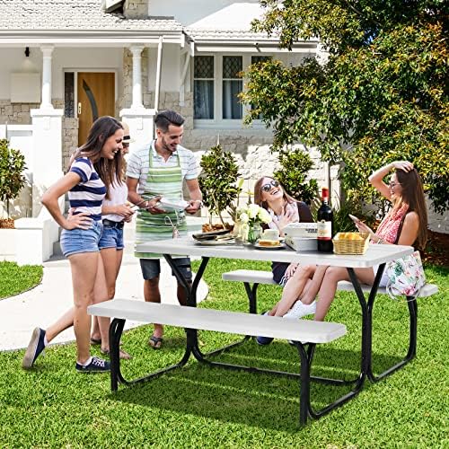 ORALNER Picnic Table, Resin Dining Table & 2 Benches Set, Weather Resistant Wood Grain Plastic Tabletop & Steel Frame, Picnic Tables for Outdoors, Porch Yard Patio Lawn Party Camping (White) - Image 3