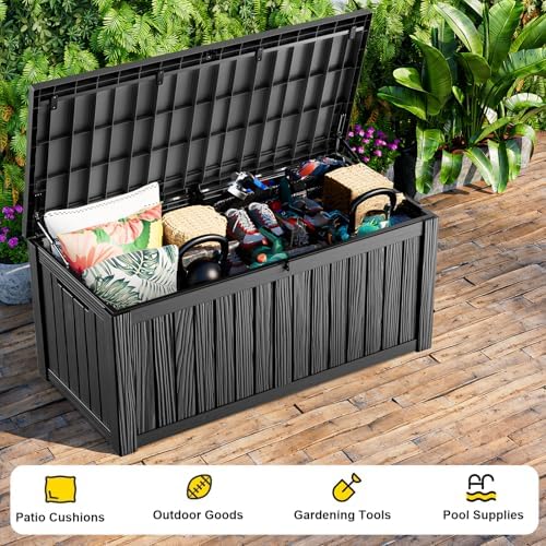 150 Gallon Waterproof Outdoor Storage Box, UV Resistant Resin Deck Box with Hydraulic Rod for Reinforced Stability, Perfect for Patio, Garden, and Pool, Striped Black - Image 5