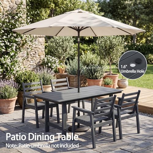 10-Piece Outdoor Dining Set, All-Weather HDPE Patio Furniture, Two 66.5" Slatted Table with 1.6" Umbrella Hole & 8 Ergonomic Armchairs, Heavy Duty 350lbs Capacity, UV Resistant, Gray - Image 4