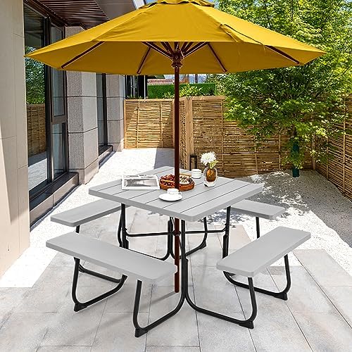 Tangkula 8 Person Square Picnic Table with 4 Built-in Benches, Grey - Image 2