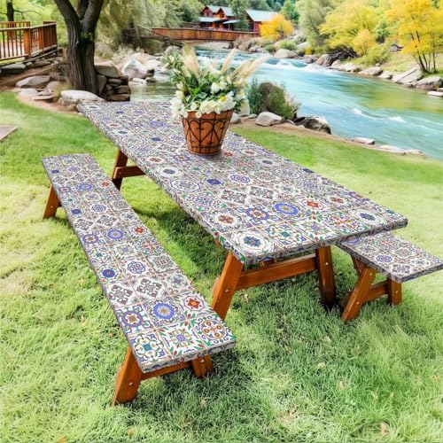 Picnic Table Cover with Bench Covers, Camping Essentials, Buffalo Plaid Waterproof Windproof Camping Tablecloth, Fitted Tablecloth Cover with Elastic Edge, for Garden & Outdoor, 3 PCS, 30x72 Inch - Image 4