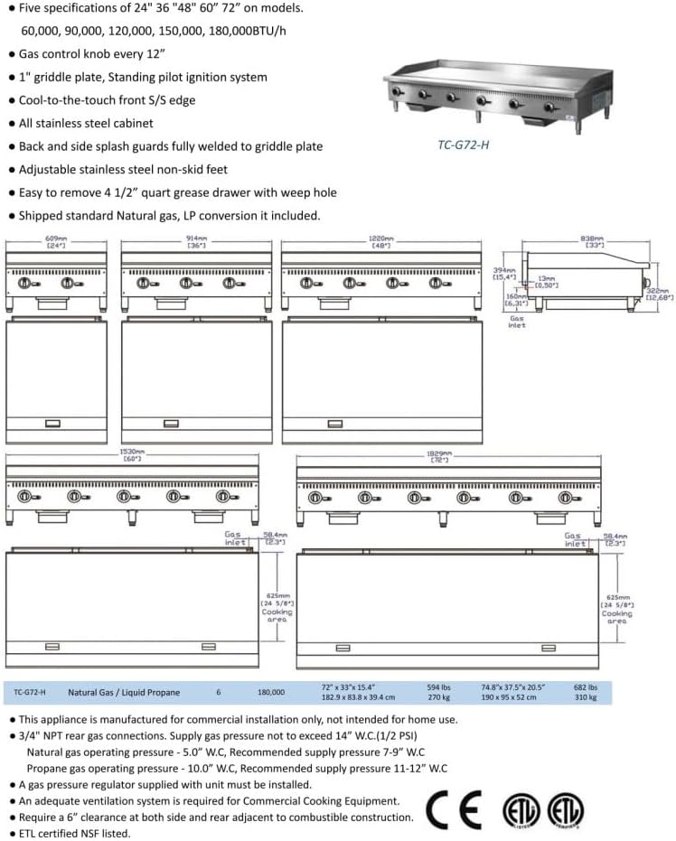 Commercial Griddle 72" Countertop Natural Gas - 180000 BTU ETL TC-G72-H - Image 6