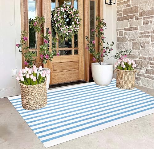 BUAGETUP Outdoor Rug 3'x 5',Light Blue Striped Area Rug Hand-Woven Cotton Washable Rug Indoor/Outdoor Area Rug Floor Mat for Farmhouse Living Room Bedroom by BUAGETUP