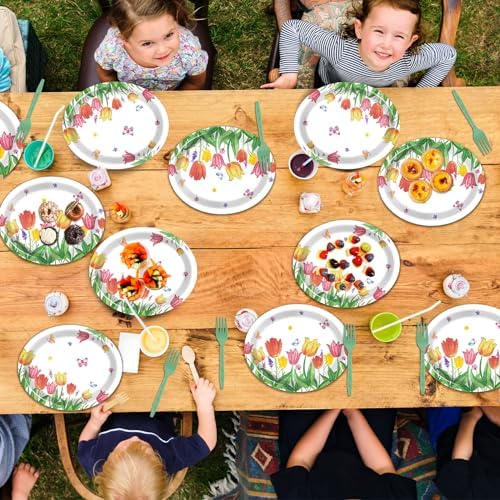 Qyeahkj 50 Pcs Spring Tulip Oval Paper Plates Large 11” Disposable Tulip Flower Party Decorations Floral Supplies Favor for Easter Picnic Spring Summer Birthday Butterflies Party Tableware Set - Image 5