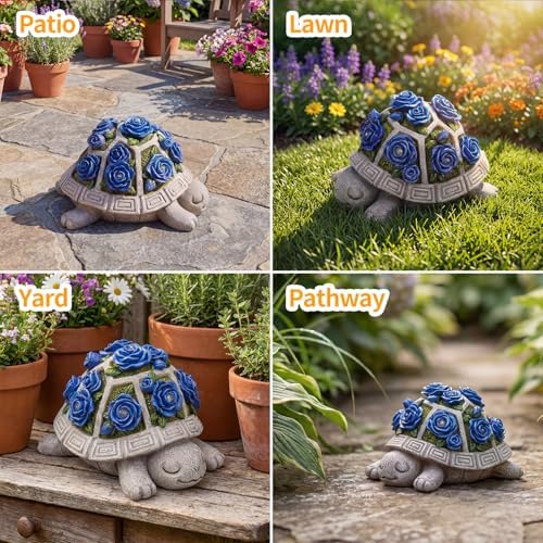 Solar Garden Outdoor Decor Turtle Statue, Dark Blue Roses & 7 LED Lights - Image 5