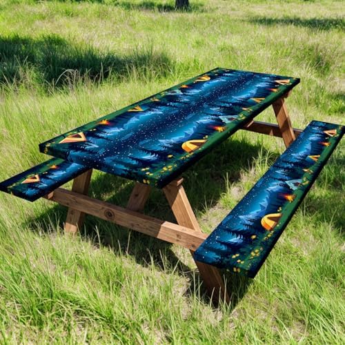 Camping Picnic Table Cover with Bench Covers, Camping Essentials, Forest Campfire Tent Flowers Outdoor Table Covers, Waterproof Windproof, Fitted Tablecloth Cover with Elastic Edge, 3 PCS, 30x72 Inch - Image 2
