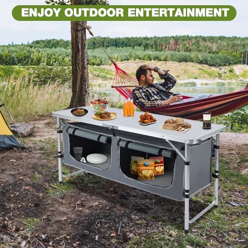 Outdoor Folding Camping Table with Storage Organizer(Grey) - Image 2