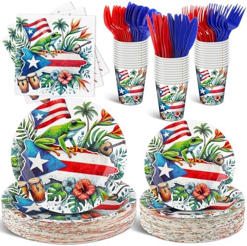 FoldTier 560 Pcs Puerto Rico Party Supplies Disposable Paper Plates Napkins Cups Puerto Rico Theme Birthday Party Decorations Tableware Flag Frog for Holiday Festival Family Serve 80 Guests by FoldTier