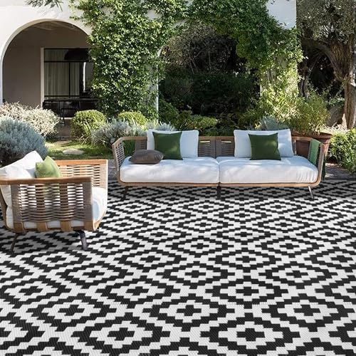 SAND MINE Waterproof Outdoor Rug 8x10 ft, Plastic Reversible Rug, Modern Area Rug, Large Floor Mat for Outdoors, RV, Patio, Backyard, Deck, Picnic, Beach, Camping (8' x 10', Black & White Lattice) - Image 7