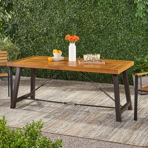 Acacia Wood and Metal Outdoor Dining Table in Teak, Rustic Style with Durable Construction for Patio, Deck, or Terrace - Image 5