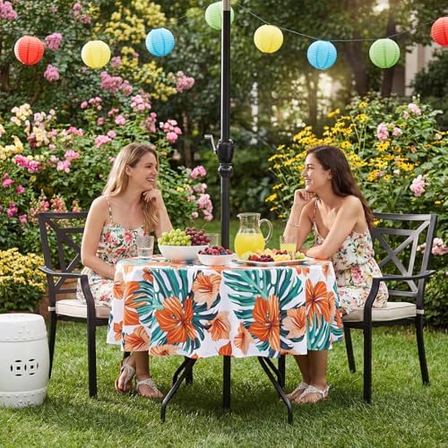 SquarePie Round Outdoor Talecloth with Umbrella Hole and Zipper 60 Inch,Water Resistant SpillProof Patio Table Cloth Cover for Spring Summer Camping Garden Poolside Picnic,Palm Leaf Orange Flower - Image 6