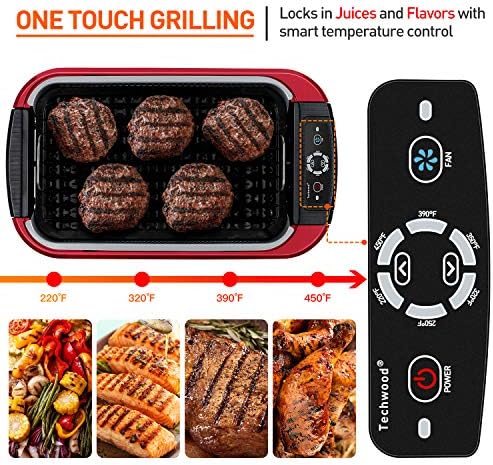Indoor Smokeless Grill, Techwood 1500W Electric BBQ Grill with Temperature Control, Korean Grill Removable Non-Stick Grill & Griddle Plates, Tempered Glass Lid, Red - Image 2