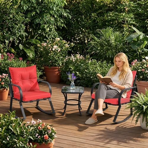 Oakcloud Oakmont Outdoor Furniture 3 Piece Conversation Bistro Set Rocking Chairs and Glass Top Table, Thick Cushions, Black Steel (Red) - Image 6