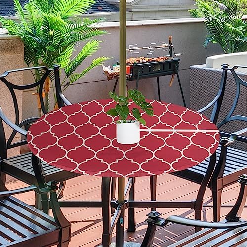 Round Tablecloth with Umbrella Hole and Zipper Moroccan Pattern Outdoor Elastic Fitted Table Cloth 36"-44" Oil-Proof Waterproof Burgundy Red Patio Table Cover for Picnic Party - Image 2
