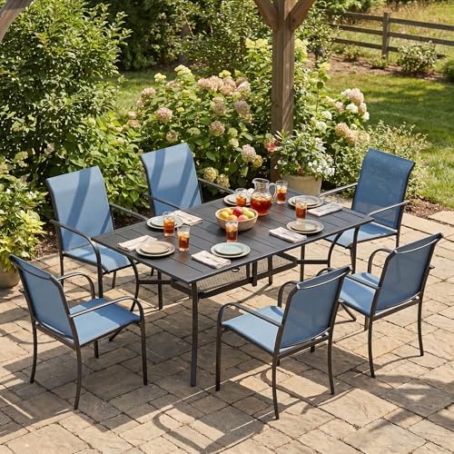 VICLLAX Patio Dining Set for 6, 7-piece Outdoor Dining Set - 59" Rectangle Patio Table and Chairs for Lawn Garden, Black Tabletop and Blue Fabric by HOME