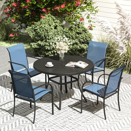 VICLLAX 5 Pieces Patio Dining Set, Outdoor Furniture Set Includes 41.2" Round Patio Table and 4 Patio Sling Chairs, Black Tabletop and Blue Fabric by HOME